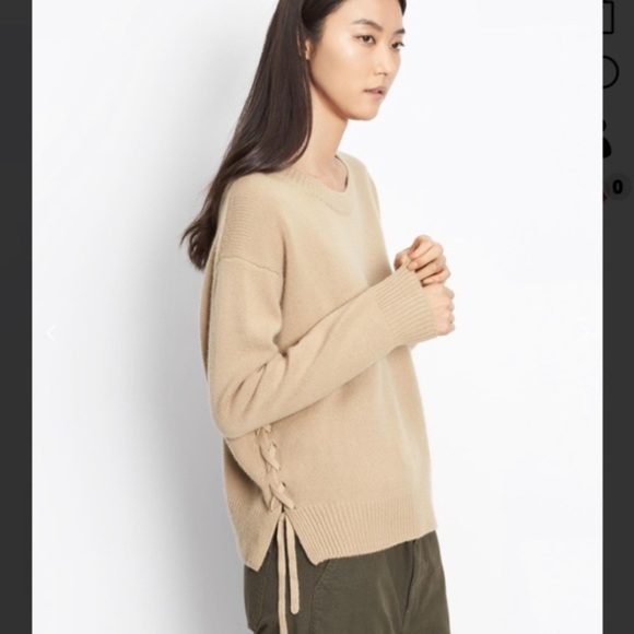 Vince 100% Cashmere Lace Up Crewneck Sweater Camel Oversized size S - Picture 2 of 11